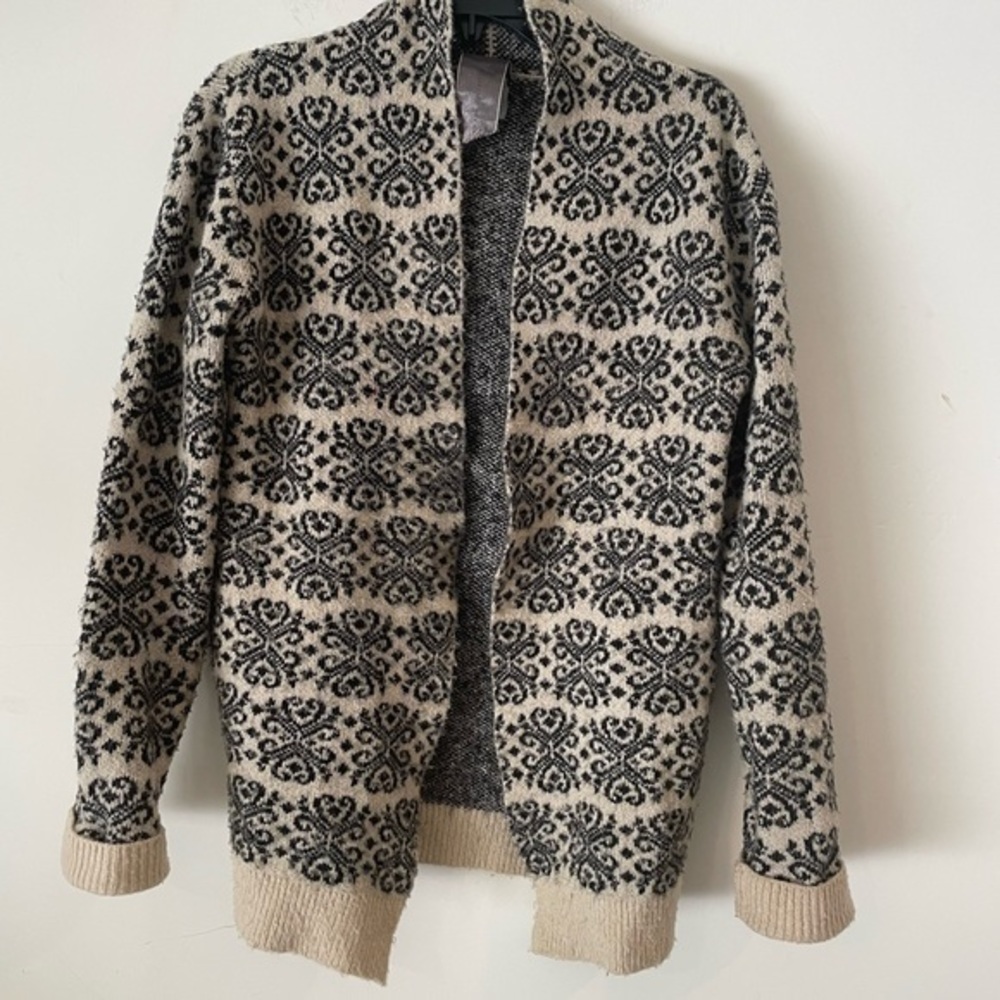 Moon Collection Womens Open Front Cardigan Ivory Black Floral Stretch Size L
